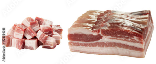 Raw pork belly slab and a pile of diced pork belly cubes isolated on a white background