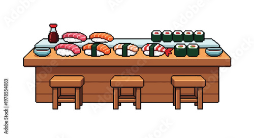 This pixel art vector illustration depicts a cozy sushi bar counter featuring various types of sushi, three wooden stools, and soy sauce.