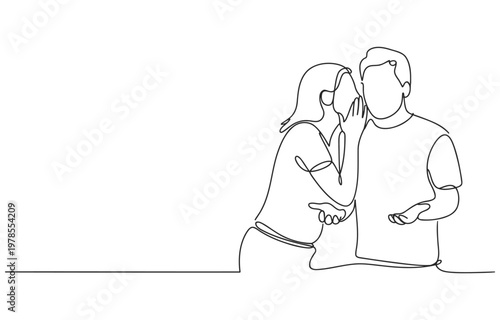 Man and woman in close conversation sharing a secret line art one line white background telling a secret sharing ear to ear whispering into conversation communication minimalist