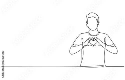 Continuous line drawing of a man forming a heart shape with his hands continuous illustration minimalist background friendship appreciation gratitude positive wellbeing together connection