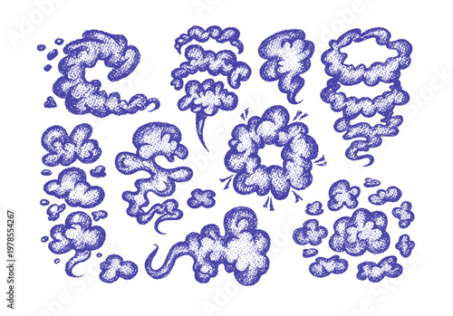 Crayon comic clouds of smoke and dust. Hand drawn doodle car exhaust, steam, fog, explosion smoke and fart with chalk texture. Crayon clouds from fire, blast, smog, vector illustration