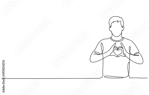 Continuous line drawing of a man forming a heart shape with his hands continuous illustration minimalist background friendship appreciation gratitude positive wellbeing together connection