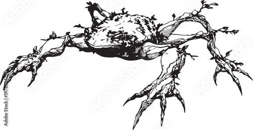 Fantasy illustration of a surreal treelike creature with twisted branches and claws