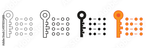 A digital security concept vector set featuring various key and braille-like pattern icons, illustrating password access, confidential data protection, and authentication solutions.
