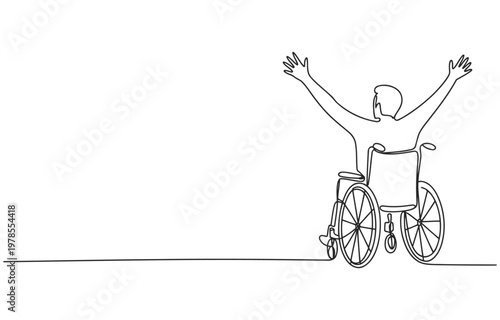 Person in wheelchair with arms raised in celebration minimalist line art white background single line continuous wheelchair disability celebration happiness mobility independence