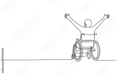 Person in wheelchair with arms raised in celebration minimalist line art white background single line continuous wheelchair disability celebration happiness mobility independence
