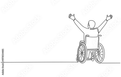 Person in wheelchair with arms raised in celebration minimalist line art white background single line continuous wheelchair disability celebration happiness mobility independence