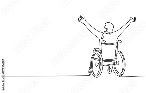 Person in wheelchair with arms raised in celebration minimalist line art white background single line continuous wheelchair disability celebration happiness mobility independence