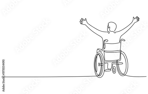 Person in wheelchair with arms raised in celebration minimalist line art white background single line continuous wheelchair disability celebration happiness mobility independence
