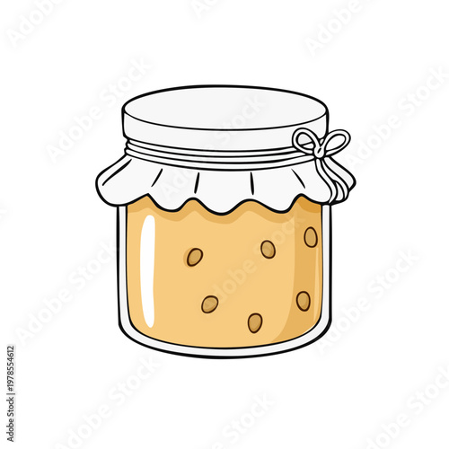 Hand drawn jar of preserves with fruit and fabric cover tied with ribbon