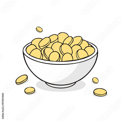 White bowl filled with yellow cereal pieces with some pieces scattered around the bowl