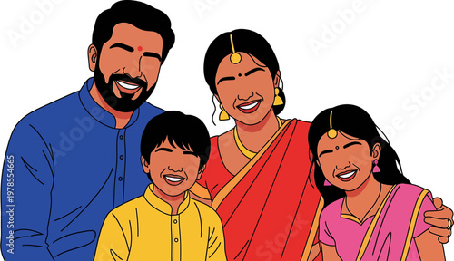 A joyful Indian family portrait illustration with parents and two children, celebrating cultural traditions with smiles