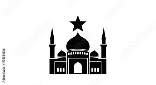 Eid ul Adha Mosque icon, Islamic architecture symbol, black silhouette, religious building isolated on White Background vector