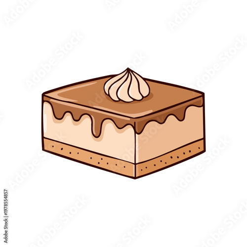 Delicious square chocolate dessert topped with whipped cream frosting and drizzled glaze