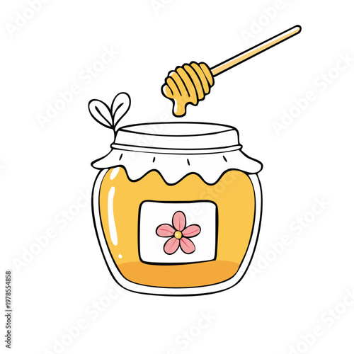 Sweet honey jar with flower label and dripping dipper illustration