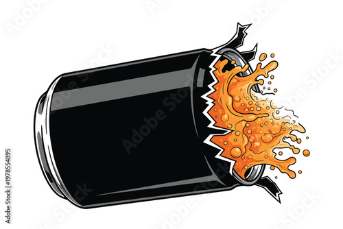 Exploding beverage can with orange liquid splash vector illustration in comic.