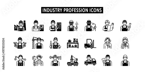 A comprehensive set of minimalist and informative icons for various industrial professions, including welders, engineers, and construction workers, in a professional graphic design style.