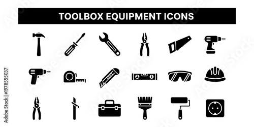 A minimalist informational vector illustration showing a collection of essential toolbox equipment icons for construction repair and DIY projects in a clean black and white style.