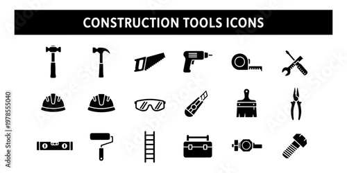 A Collection of Organized Minimalist Construction Tools Icons Set for Home Improvement and DIY Projects Including Hard Hat, Hammer, Drill, and Wrench