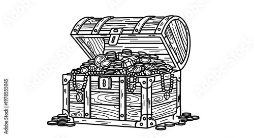 A detailed illustration of an open treasure chest filled with gold coins and jewels