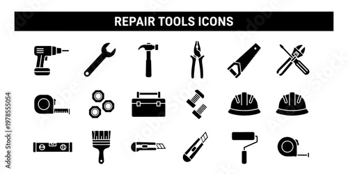 A practical collection of minimalist repair tools icons featuring a hammer wrench drill and hard hat for construction and maintenance projects