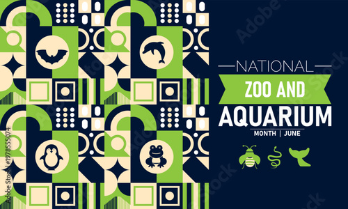 National zoo and aquarium month june banner with animal icons and pattern