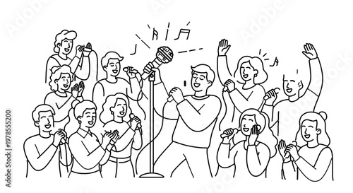 A minimalist vector illustration of a joyful crowd singing together with microphones
