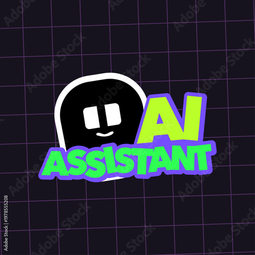 Cute AI Assistant sticker logo with friendly robot icon and green text 3D style isolated vector illustration on dark retro grid background