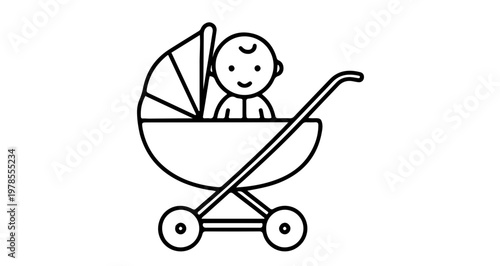 A minimalist vector illustration of a baby in a stroller