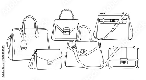 A collection of seven handbags in a minimalist line art style