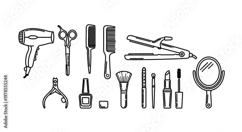 A collection of beauty and hair care tools in a simple line art style