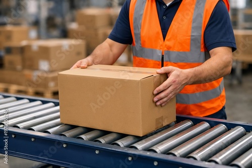 Conveyor belt system with worker handling parcel, bright indoor warehouse lighting and stacked boxes