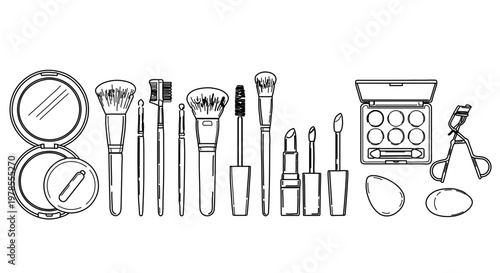 A set of makeup brushes and cosmetics in a minimalist line art style