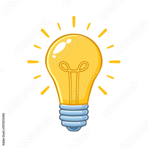 Bright glowing yellow light bulb symbol of new idea innovation inspiration and knowledge