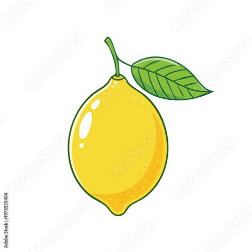 Vibrant cartoon lemon with green leaf and stem, isolated on white