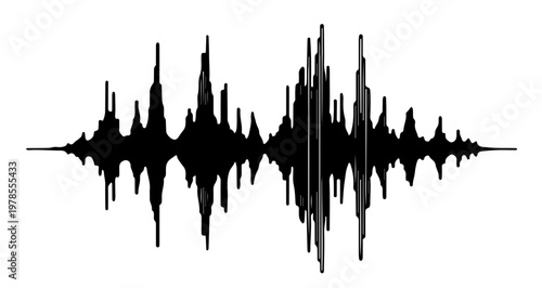 A black sound wave graphic on a white background, representing audio and music