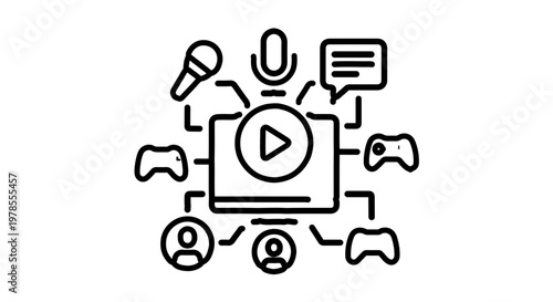 A minimalist vector graphic illustrating online content creation with various icons