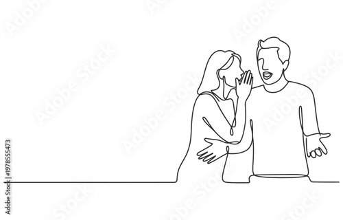 Woman whispering secret to man in one line art illustration with white background sharing secrets telling a information communication minimalist illustration relationship expression