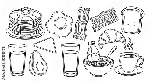 A vector graphic illustration of various breakfast foods and drinks in a flat minimal style