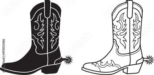 Black and white line drawing of cowboy boots with spurs