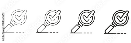 A set of black outline icons depicting a magnifying glass with a check mark, symbolizing search, verification, accuracy, and successful results in a clean, modern style.