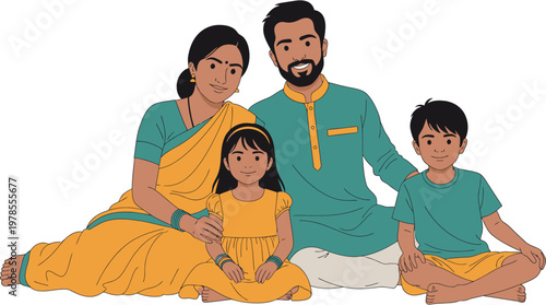 Smiling South Asian family of four, including parents and two children, sitting together in traditional attire, representing happiness, togetherness, and cultural heritage