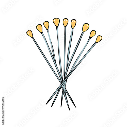 Collection of Straight Sewing Pins with Yellow Round Heads Arranged in a Fan Shape Illustration