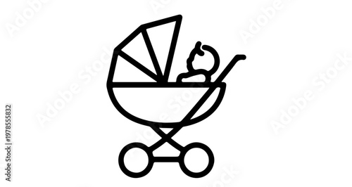 A minimalist vector graphic illustration of a baby stroller with a simple design