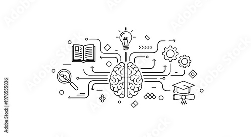 A vector graphic illustration of a brain surrounded by various icons and symbols representing knowledge, ideas, and innovation.