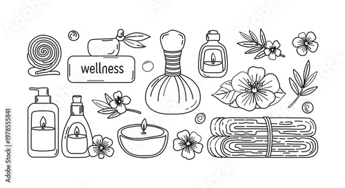 A minimalist vector illustration of various wellness and spa products, including bottles, towels, and flowers, arranged in a clean and simple design.
