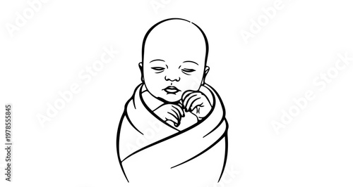 A minimalist line art illustration of a swaddled baby with a peaceful expression