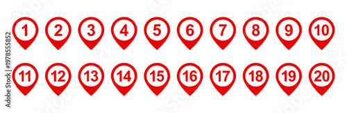 Location pin icon set with numbers 1 to 20