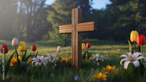 Wooden cross in spring meadow photo, Christian faith symbol with flowers, Easter resurrection background