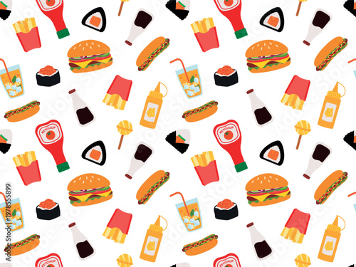 Fast food and snacks seamless pattern with burgers, hot dogs and drinks.